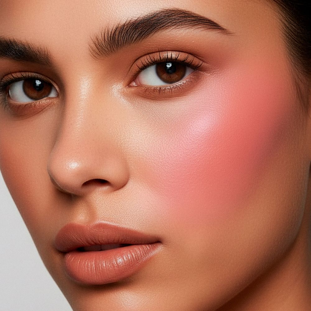 Primo piano di un viso con fard rosa sulla guancia. Tono della pelle medio.