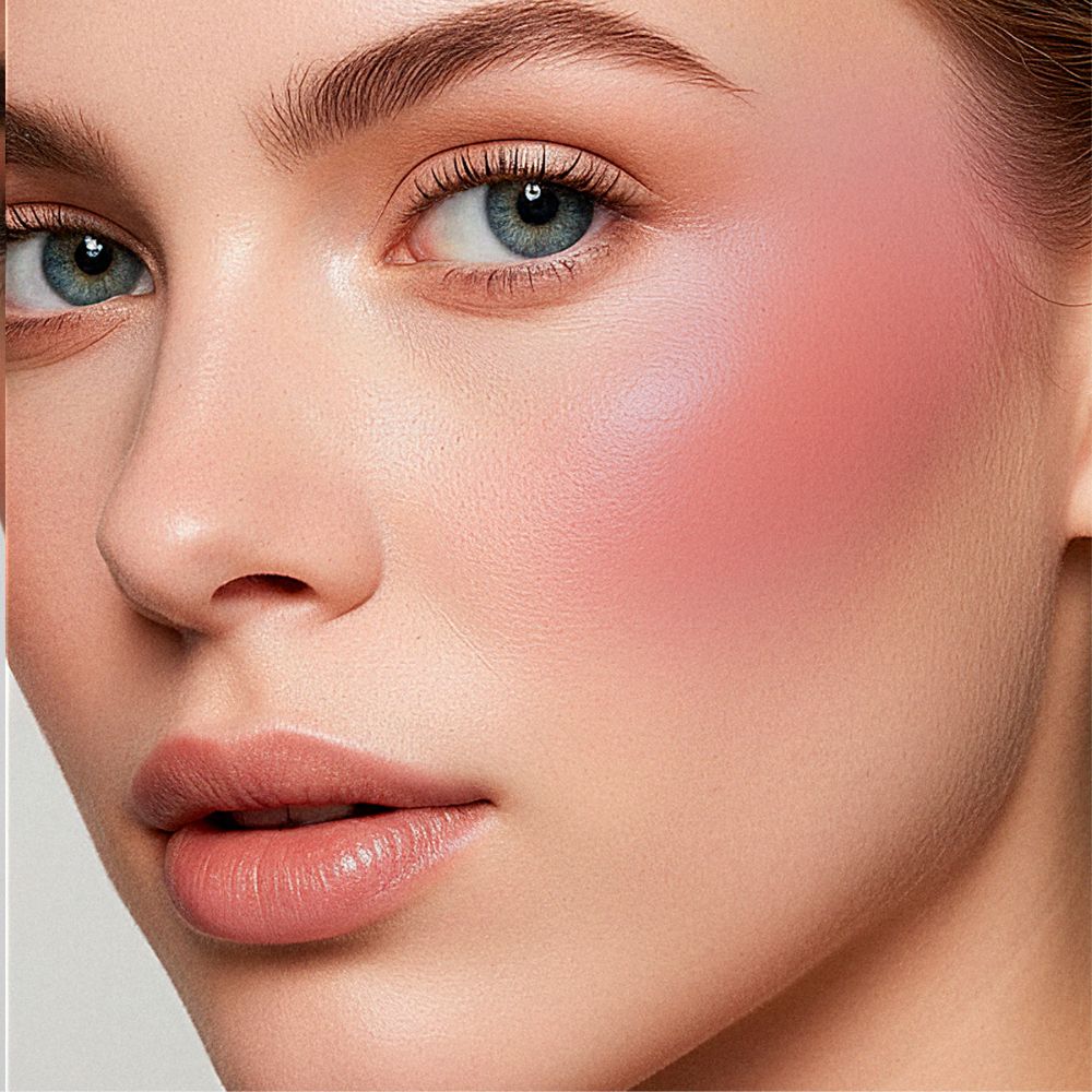 Primo piano di un viso con fard rosa sulle guance. La pelle è chiara e luminosa.