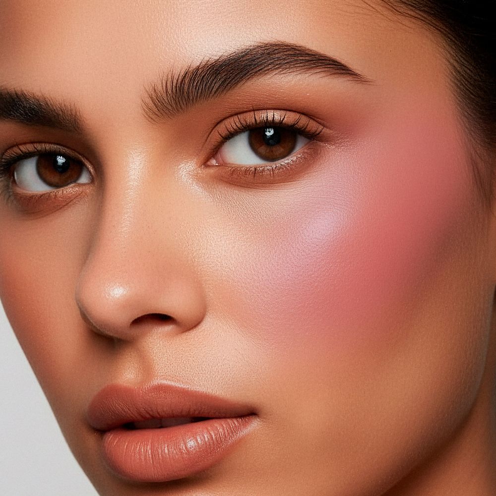 Primo piano di un viso con fard rosa sulle guance. La pelle è abbronzata e luminosa.