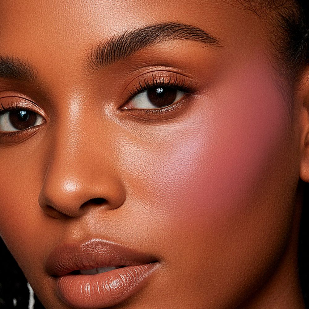 Primo piano di un viso con fard rosa sulle guance. La pelle è scura e luminosa.