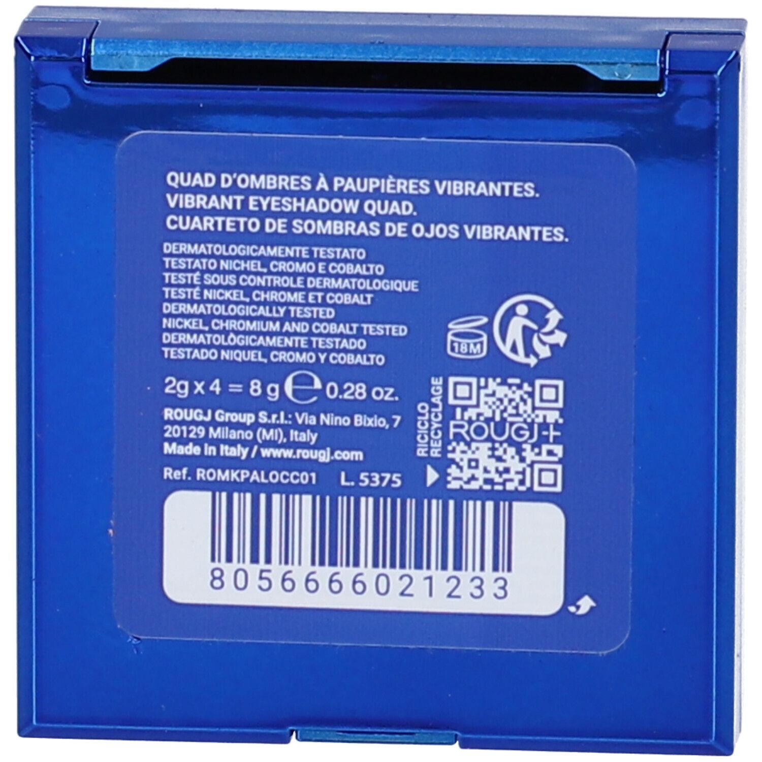 Retro della palette Rougj+ blu. Testo: Quad d'ombres à paupières vibrantes. Dermatologicamente testato. 2g x 4 = 8g.
