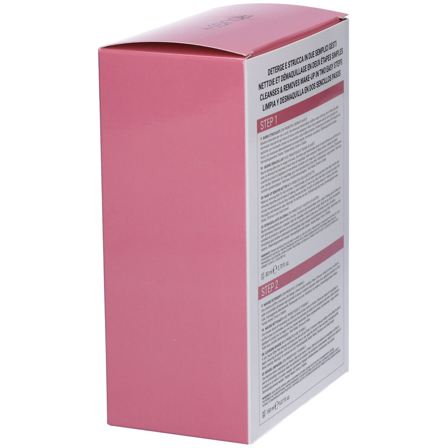 Vista laterale della confezione. Testo in italiano, francese e inglese. Descrive l'uso del prodotto.