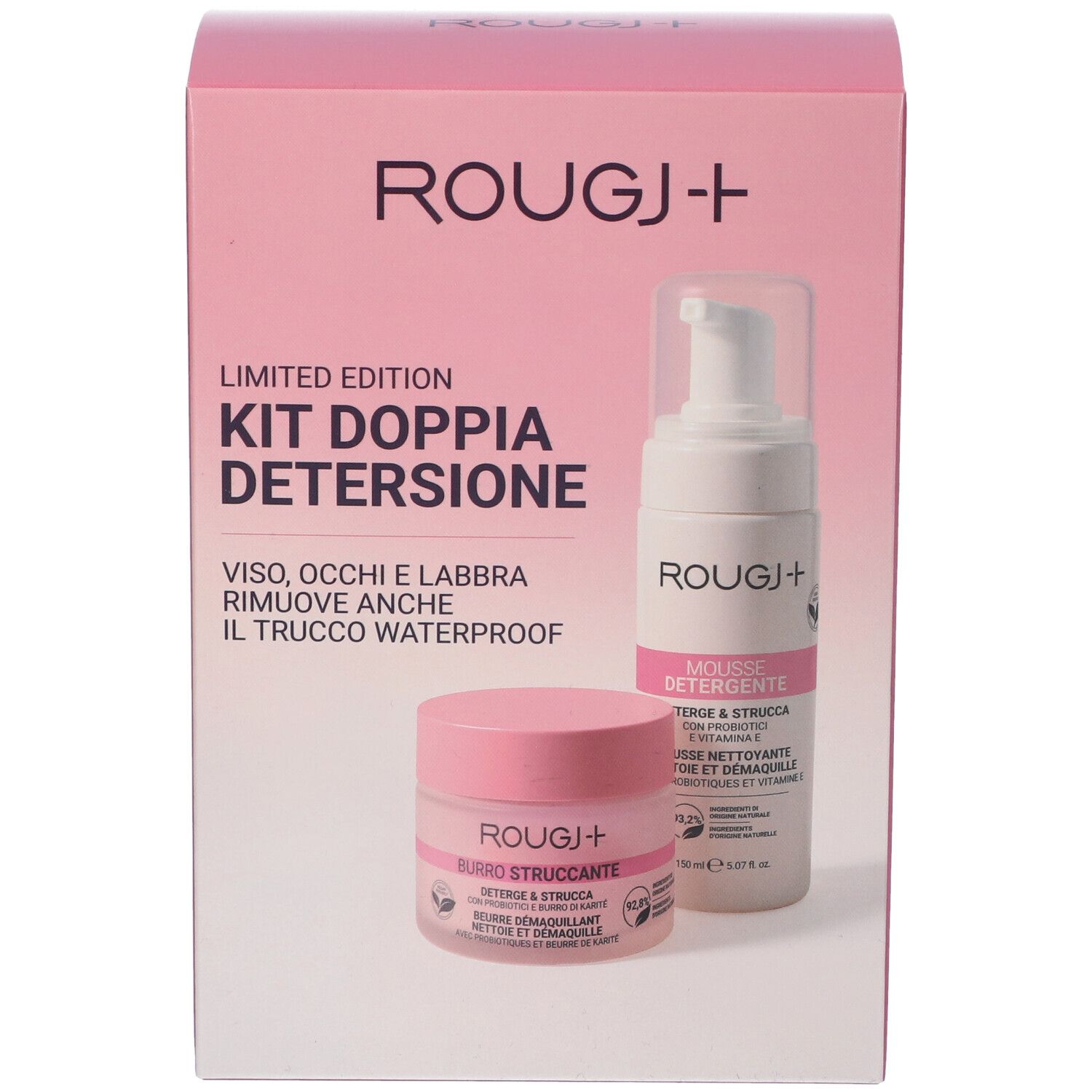 Confezione rosa Rougj+ Kit Doppia Detersione. Contiene Burro Struccante e Mousse Detergente. Testo in italiano.