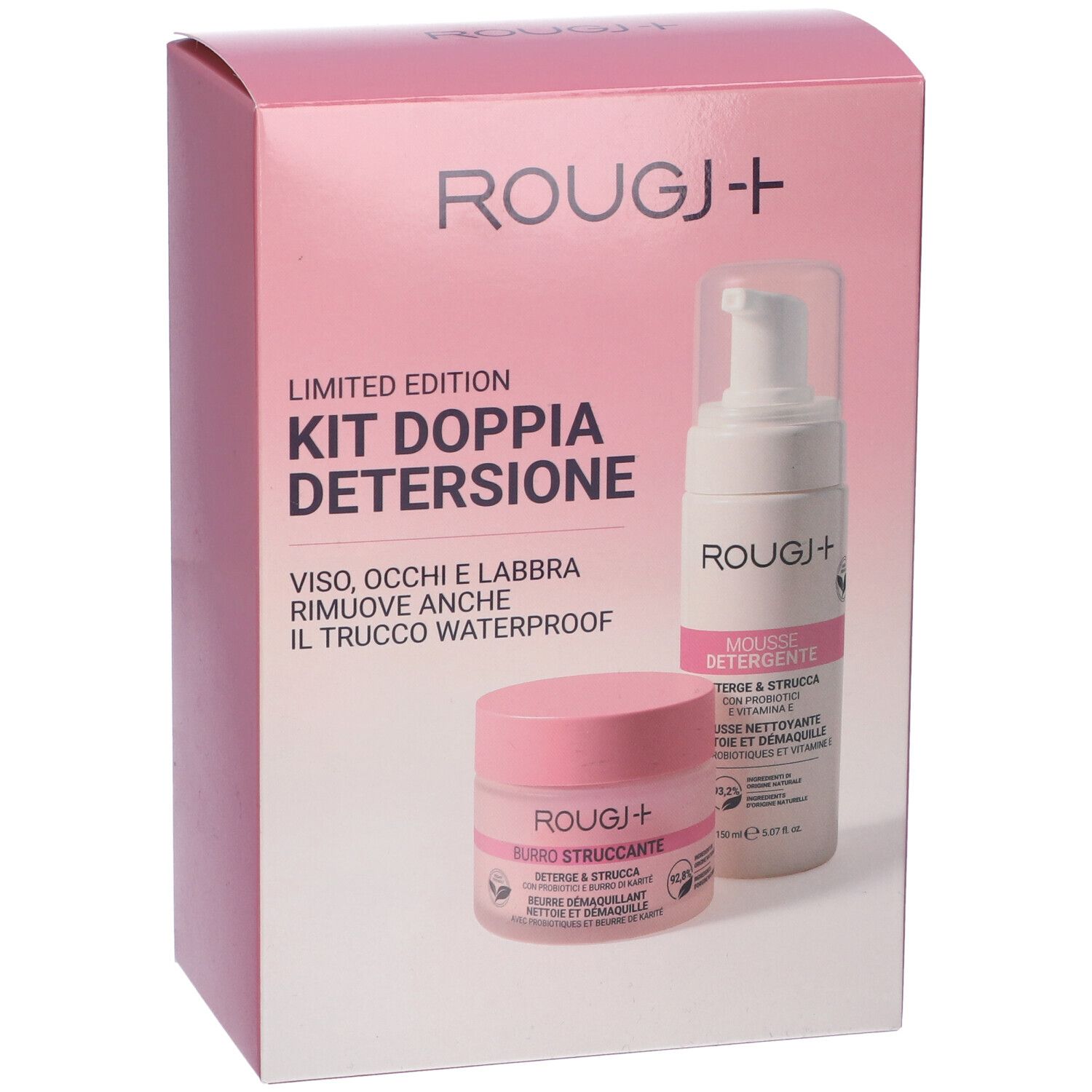 Confezione rosa Rougj+ Kit Doppia Detersione. Contiene Burro Struccante e Mousse Detergente. Testo in italiano.