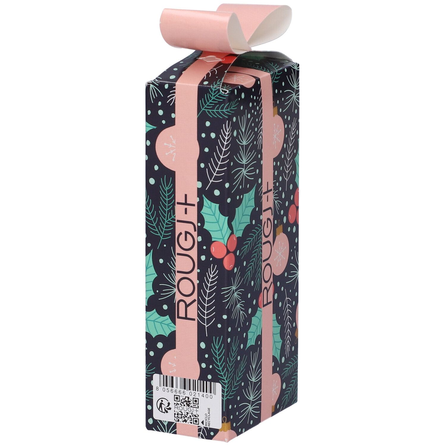 Confezione regalo con motivo natalizio. Nastro rosa con logo Rougj. Codice a barre e QR code visibili. Sfondo blu scuro.