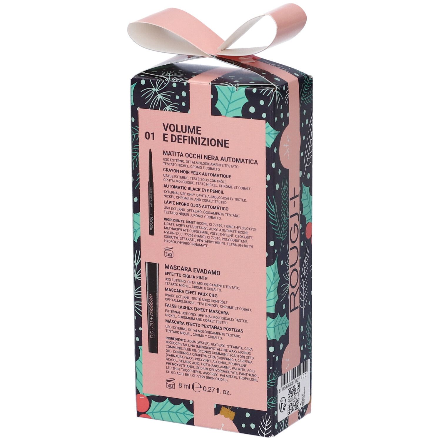 Confezione regalo con informazioni prodotto. Contiene mascara e eyeliner. Testo in tedesco, francese e italiano. Logo Rougj.