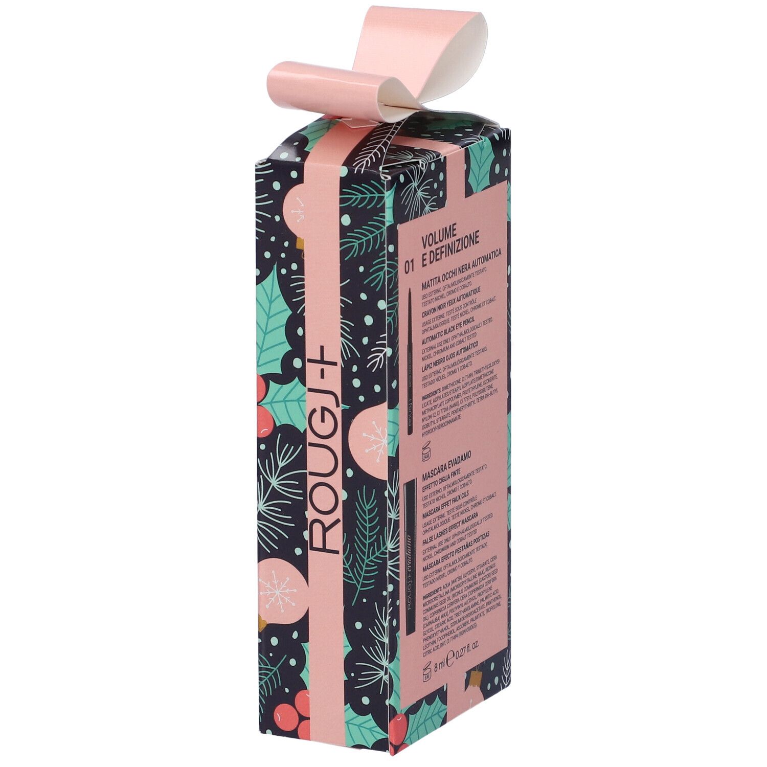 Confezione regalo con informazioni prodotto. Testo in tedesco, francese e italiano. Logo Rougj. Sfondo blu scuro.