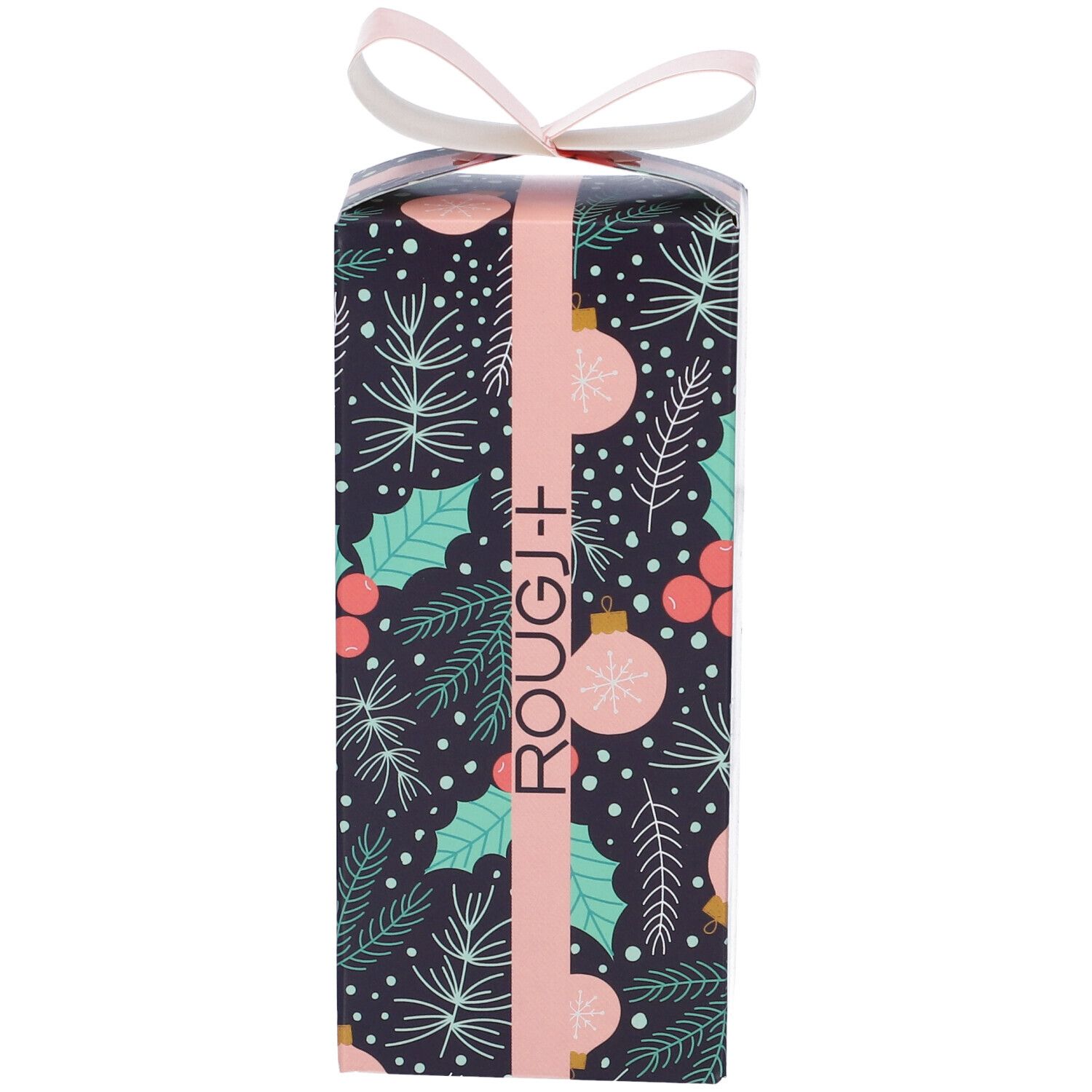 Confezione regalo con motivo natalizio e fiocco. Nastro rosa con logo Rougj. Sfondo blu scuro con ornamenti.