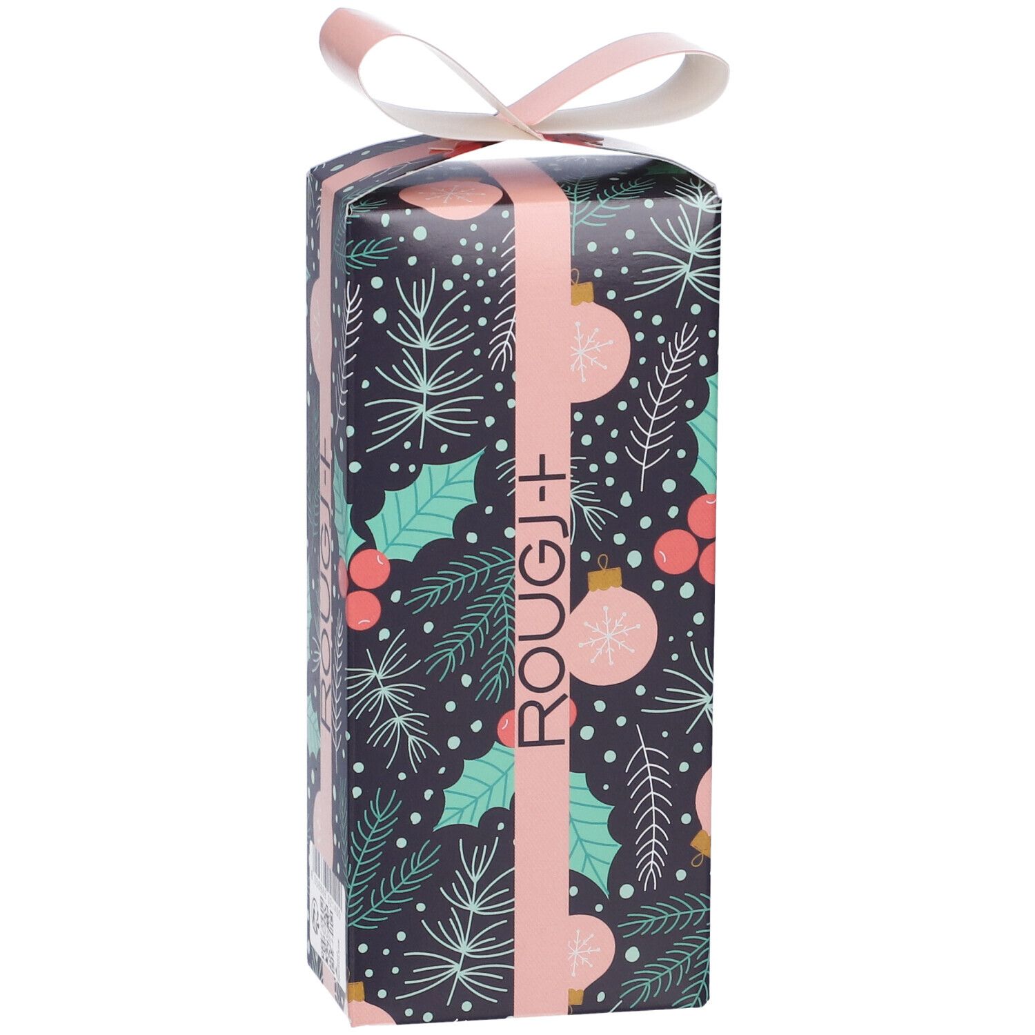 Confezione regalo con motivo natalizio e fiocco. Nastro rosa con logo Rougj. Sfondo blu scuro con ornamenti.