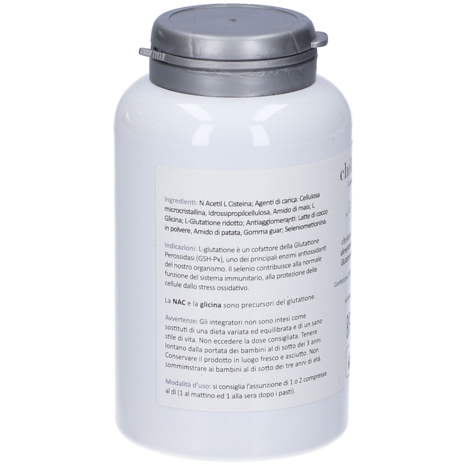 Retro del flacone bianco con tappo grigio. Testo con ingredienti e istruzioni per l'uso.