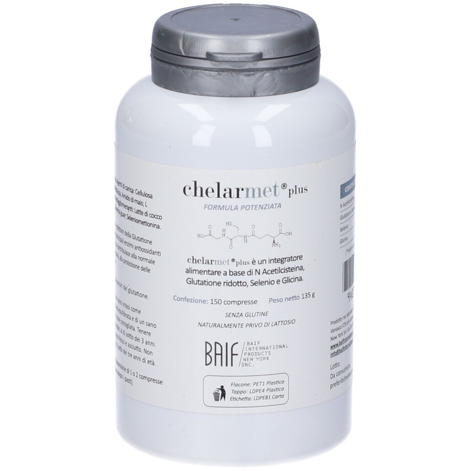 Flacone bianco con tappo grigio. Scritta: Chelarmet plus. Contiene 150 compresse. Senza glutine, senza lattosio.