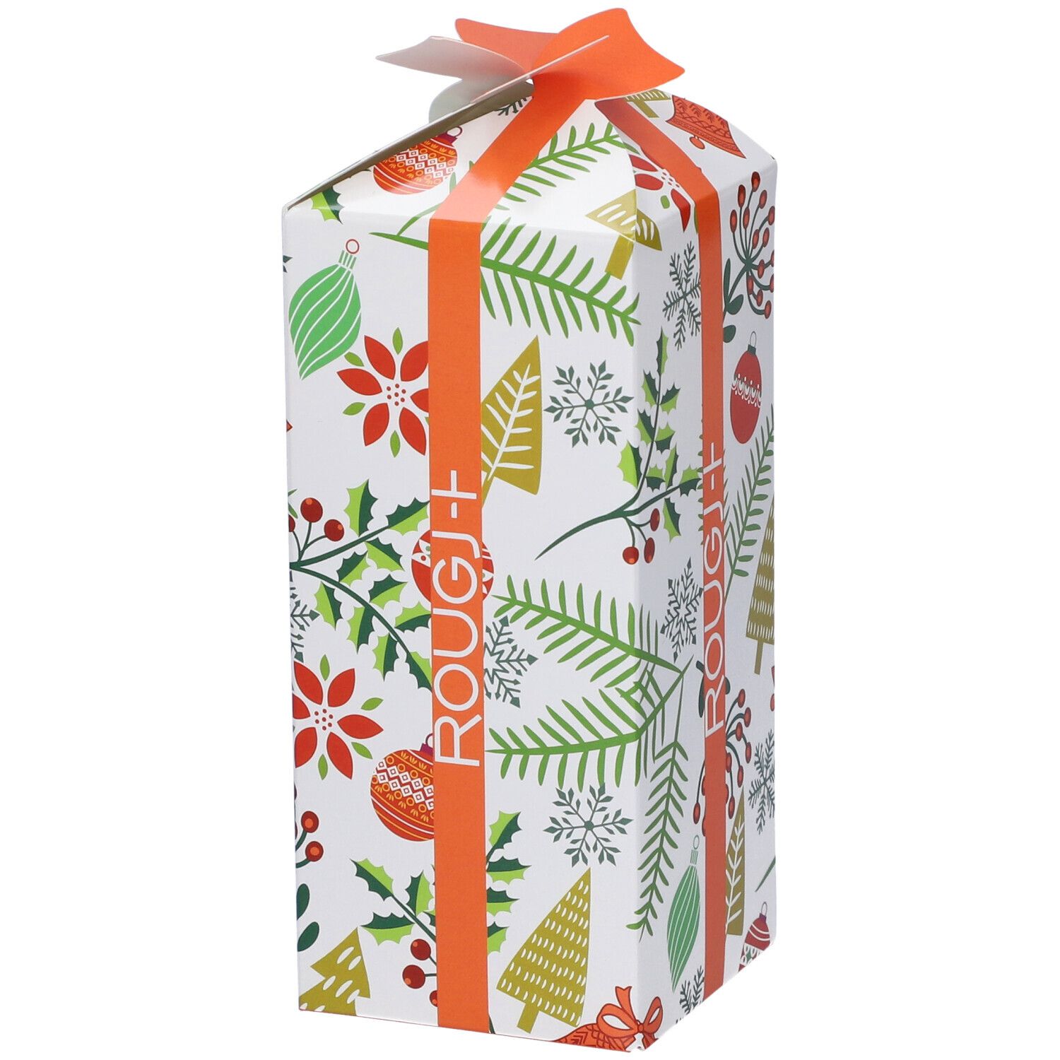 Confezione regalo con motivi natalizi e nastro arancione. Marchio Rougj+ visibile.