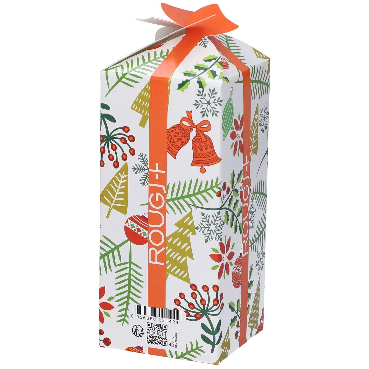 Confezione regalo con motivi natalizi e nastro arancione. Marchio Rougj+ visibile.