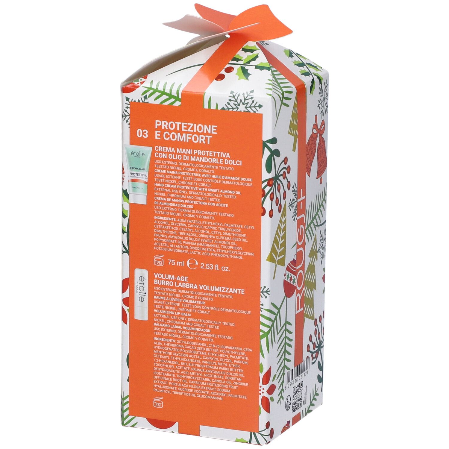 Confezione regalo con motivi natalizi. Testo: Creme Mani Protettiva, Volum-Age Burro Labbra. Marchio Rougj+.