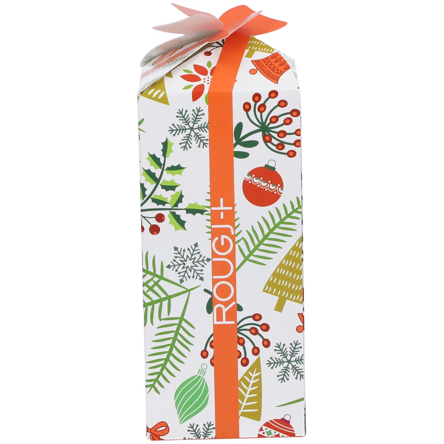 Confezione regalo con motivi natalizi e nastro arancione. Marchio Rougj+ visibile.