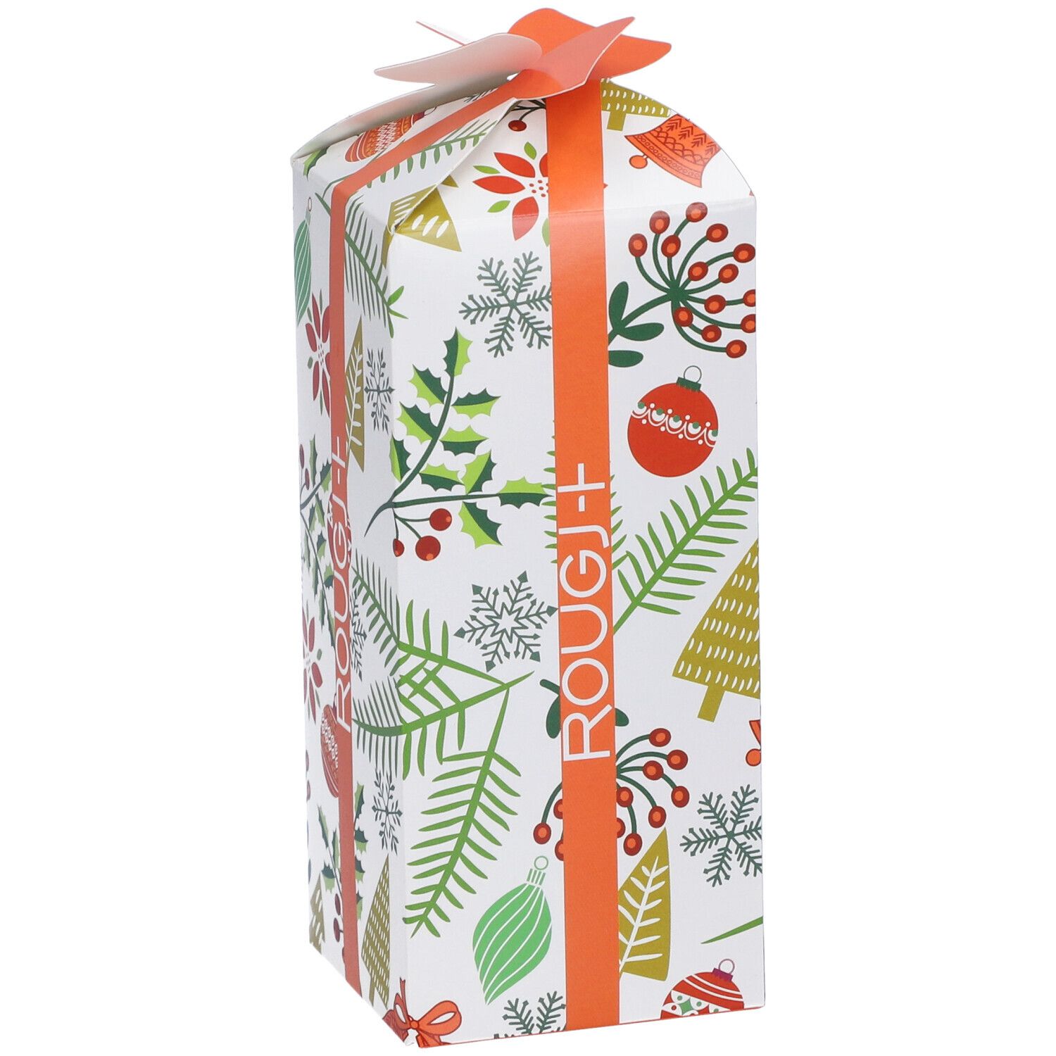 Confezione regalo con motivi natalizi e nastro arancione. Marchio Rougj+ visibile.