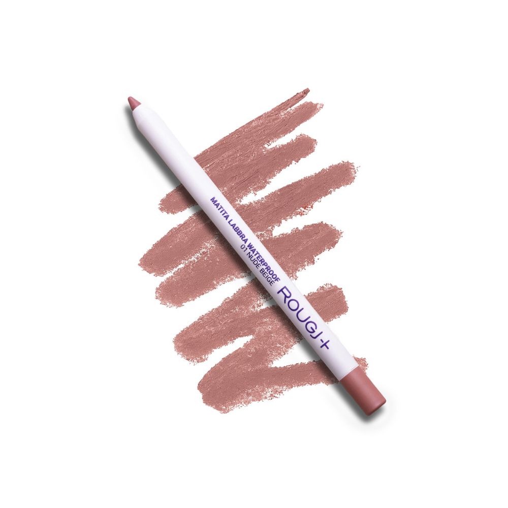 Matita labbra e tratto di rossetto. Scritta: Rougj+, Matita Labbra Waterproof 01 Nude Beige.