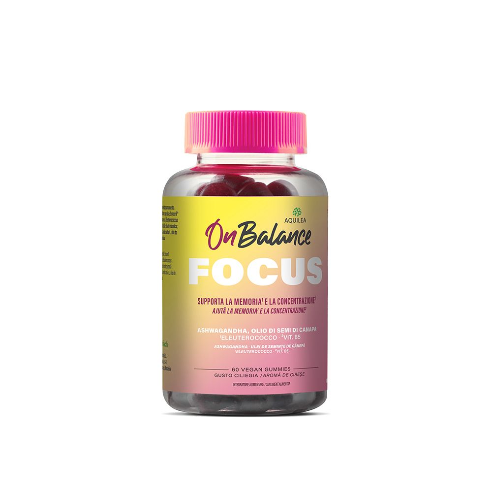 Bottiglia trasparente con tappo rosa. Scritta: OnBalance FOCUS. Contiene 60 caramelle gommose vegane. Marca: Aquilea.