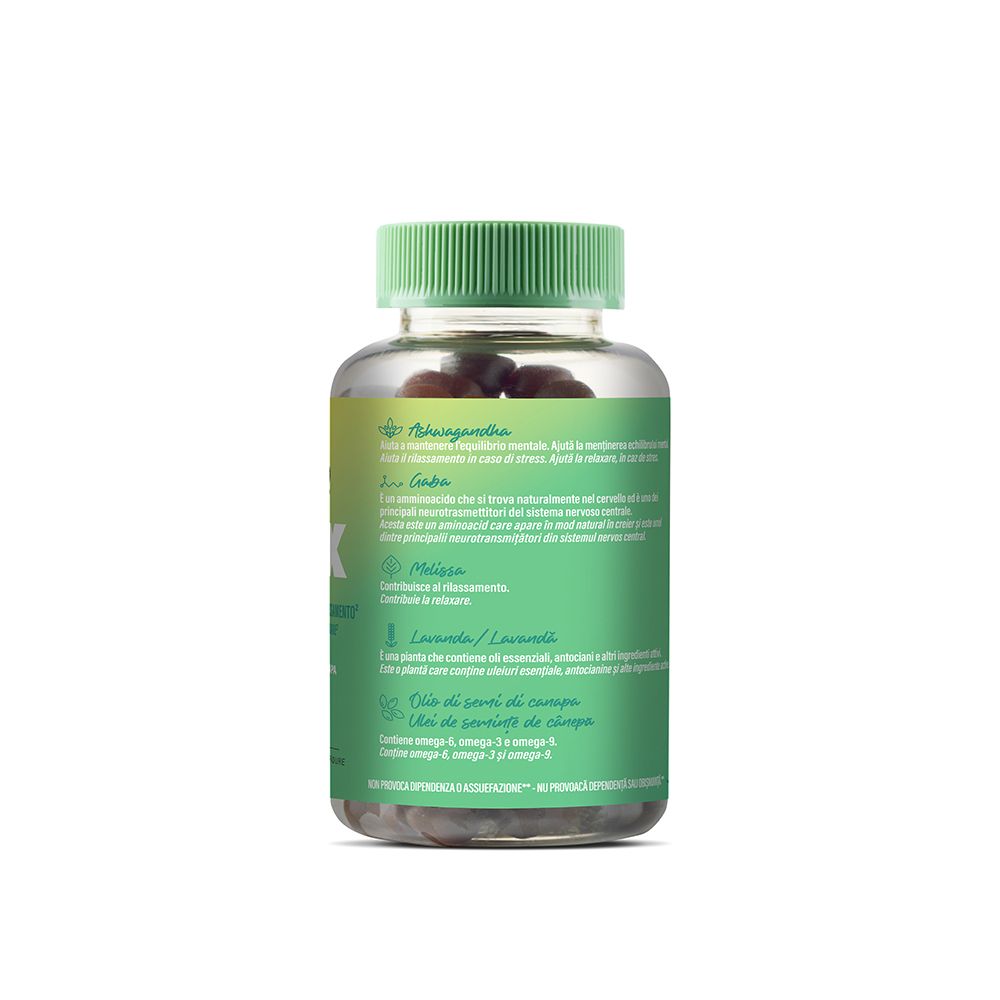 Retro del flacone, tappo verde. Informazioni sugli ingredienti e l'uso. Flacone trasparente con caramelle.