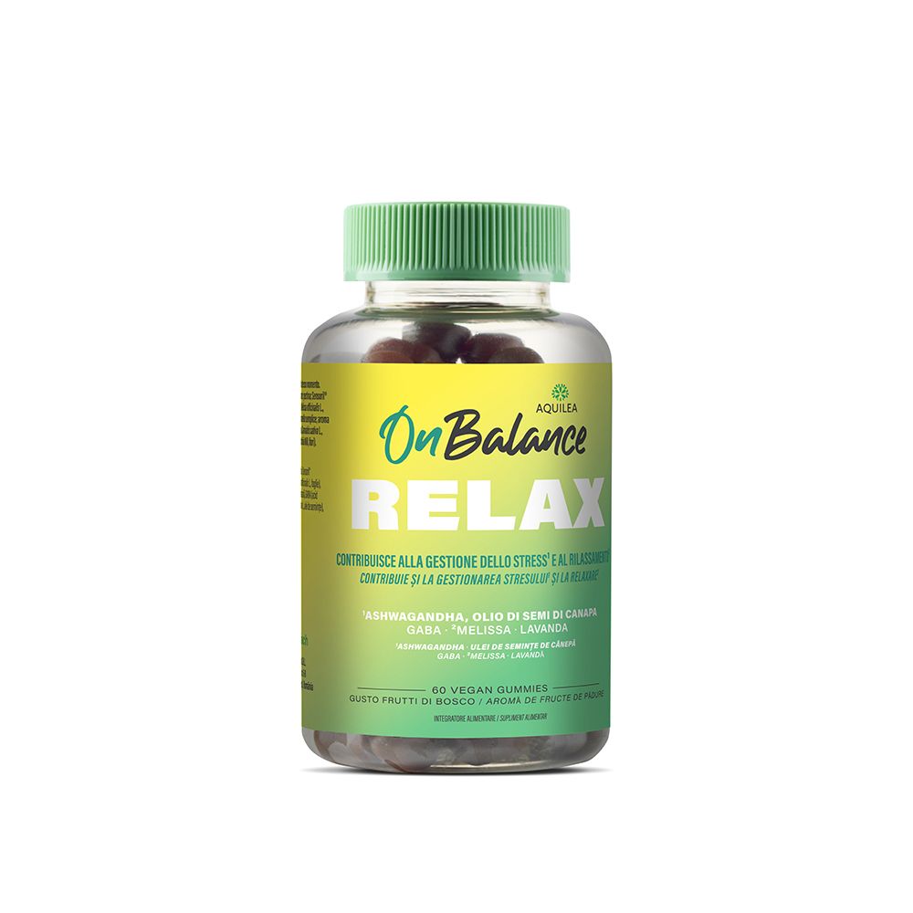 Flacone trasparente, tappo verde. Etichetta "OnBalance RELAX" e informazioni. 60 caramelle gommose vegane.