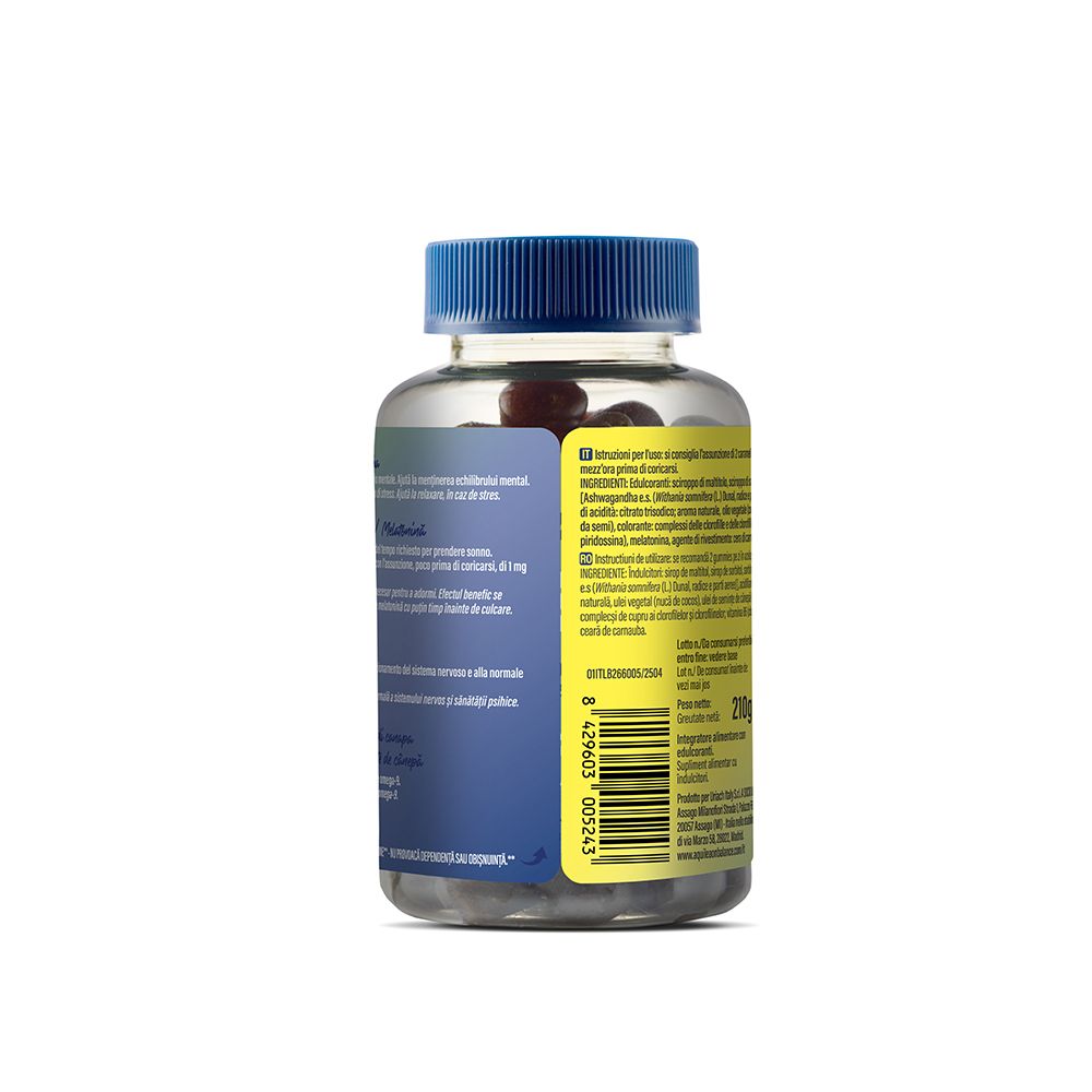 Retro di un flacone, tappo blu. Testo su sfondo giallo-blu. Codice a barre e testo.