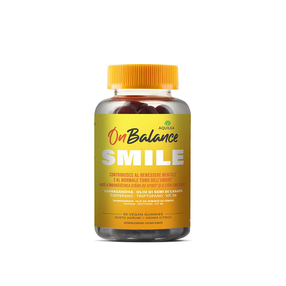 Caramelle gommose vegane Aquilea OnBalance Smile in barattolo trasparente con etichetta gialla e tappo arancione.
