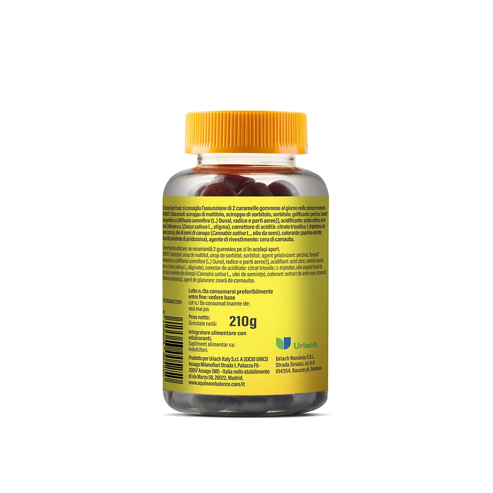 Retro di un barattolo Aquilea OnBalance Smile con informazioni nutrizionali e dettagli del prodotto su etichetta gialla.