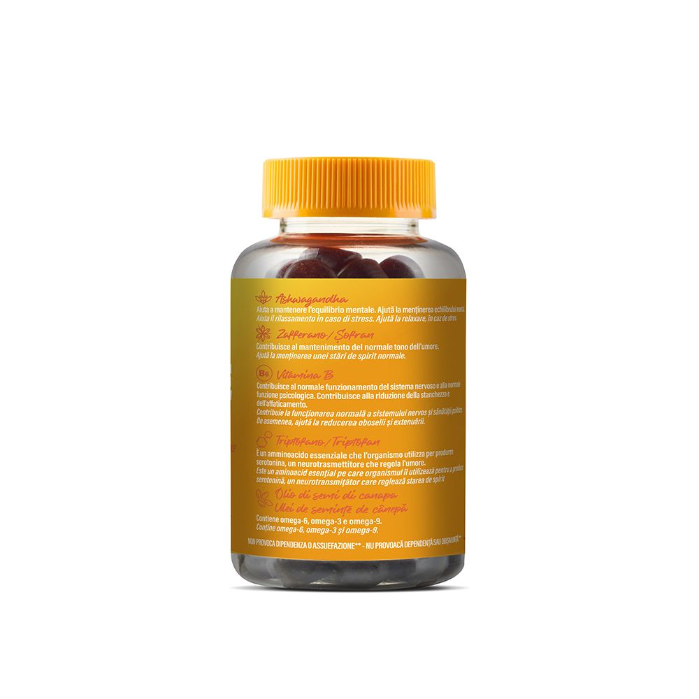 Retro di un barattolo Aquilea OnBalance Smile con informazioni dettagliate sul prodotto e ingredienti su etichetta gialla.