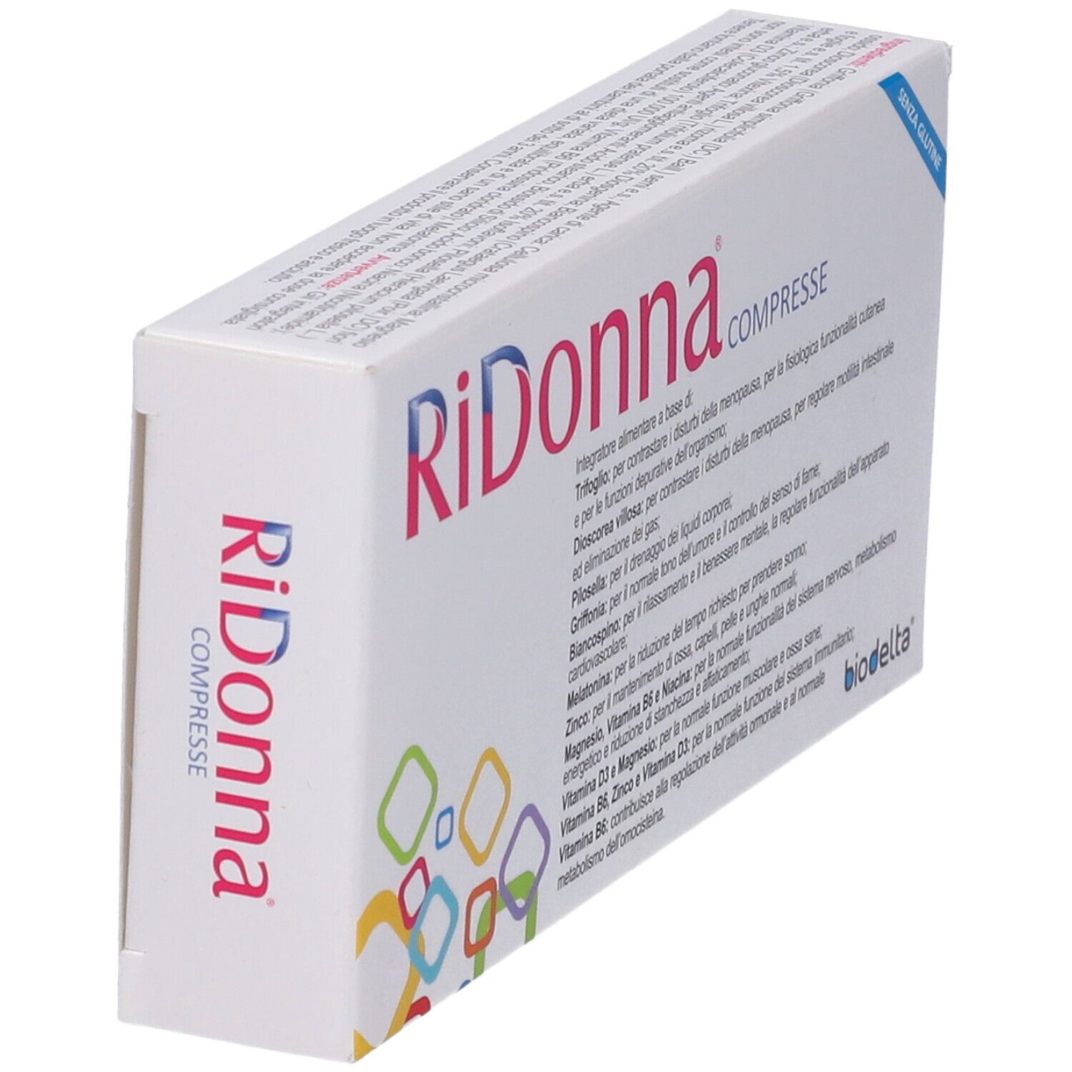 Scatola 'RiDonna Compresse' in prospettiva. Logo e testo su sfondo bianco. Adesivo 'Senza glutine'.