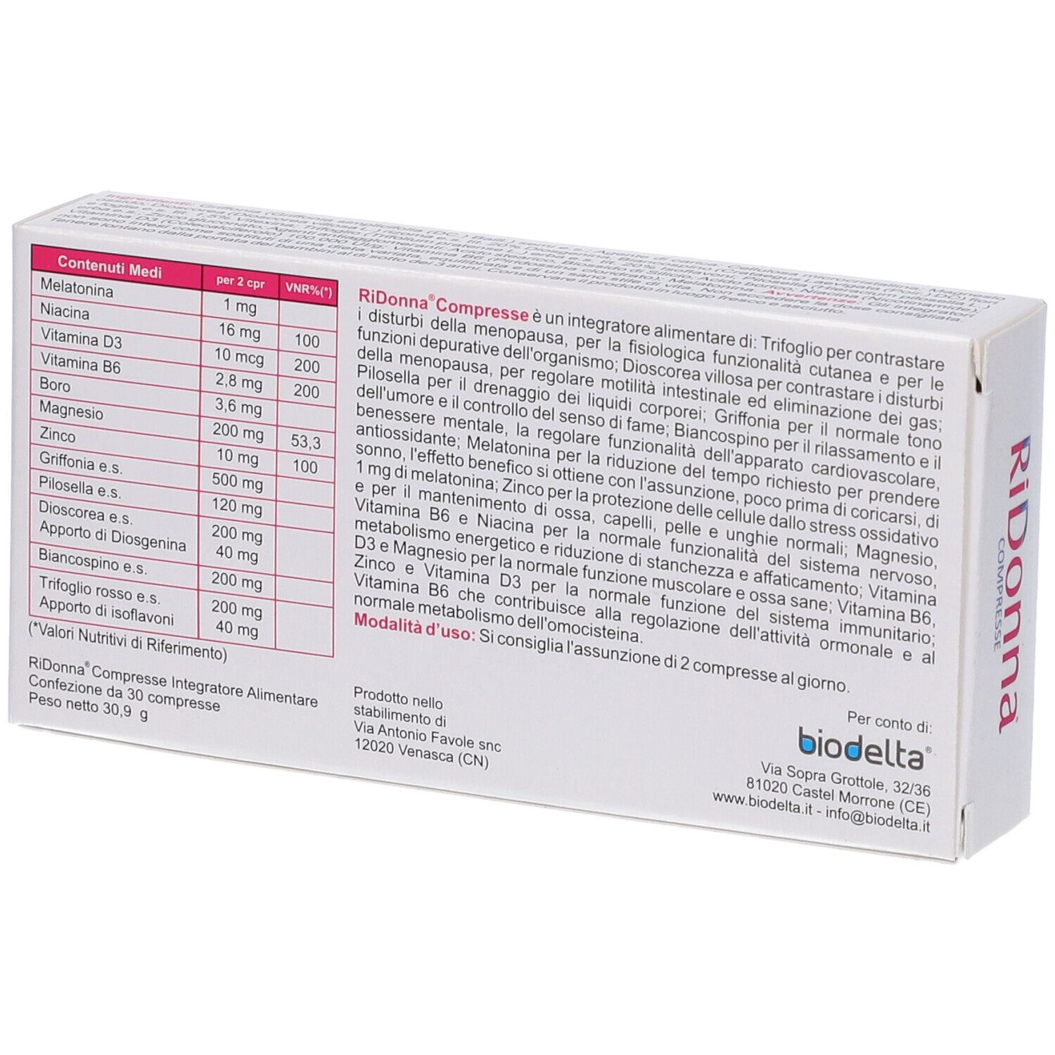 Retro della scatola 'RiDonna Compresse'. Ingredienti e testo su sfondo bianco. Logo 'biodelta'.