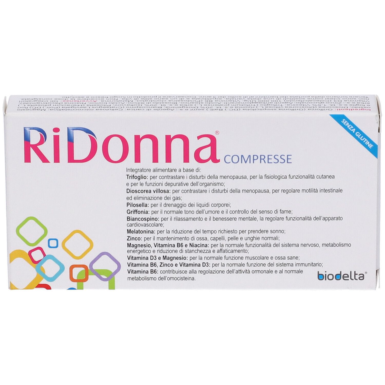 Scatola 'RiDonna Compresse'. Testo e logo su sfondo bianco. Adesivo 'Senza glutine'. Logo 'biodelta'.