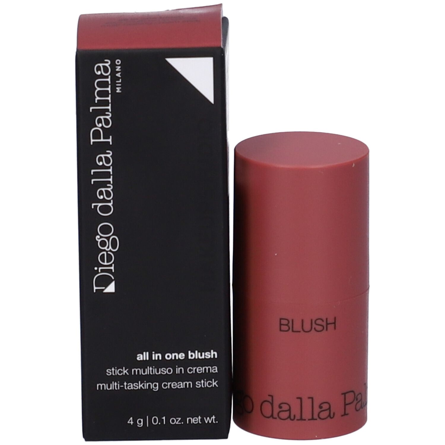 Stick blush rosa e confezione nera con testo. Contiene 4 g.