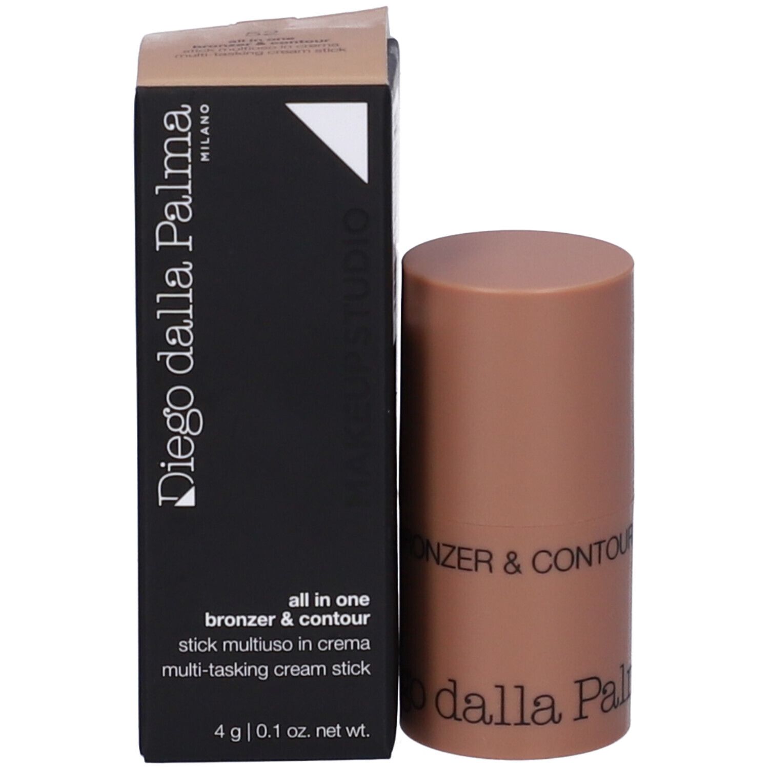 Stick bronzer e contouring con confezione. Scritta: Diego dalla Palma, All in one, Bronzer & Contour.