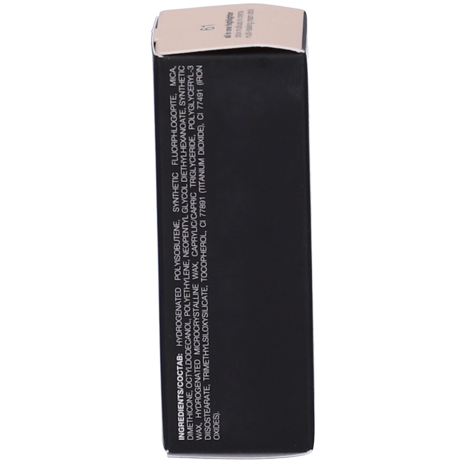 Confezione con ingredienti. Stampato: HYDROGENATED POLYISOBUTENE, SYNTHETIC FLUORPHLOGOPITE, MICA, DIMETHICONE, OCTYLDODECANOL, POLYETHYLENE, NEOPENTYL GLYCOL DIHEPTANOATE, SYNTHETIC WAX, CAPRYLIC/CAPRIC TRIGLYCERIDE, POLYGLYCERYL-3 DIISOSTEARATE, TRIMETHYLSILOXYSILICATE, TOCOPHEROL, CI 77891 (TITANIUM DIOXIDE), CI 77491 (IRON OXIDES).
