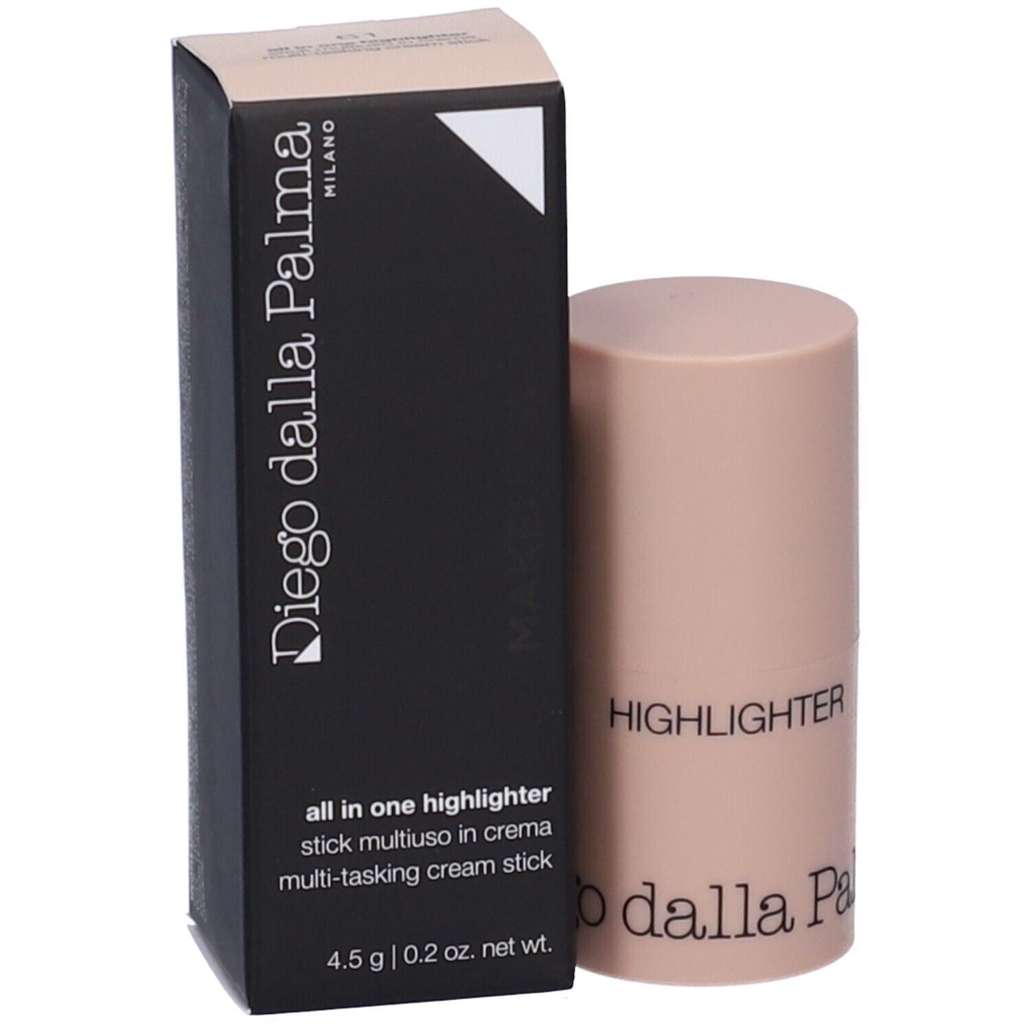 Stick illuminante e confezione. Sulla confezione: Diego dalla Palma Milano, all in one highlighter, 4.5 g. Sullo stick: HIGHLIGHTER.