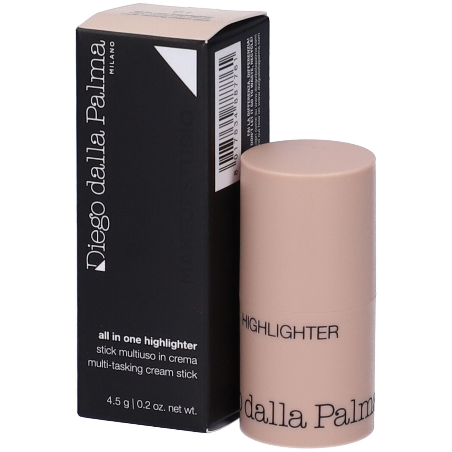 Stick illuminante e confezione. Sulla confezione: Diego dalla Palma Milano, all in one highlighter, 4.5 g. Sullo stick: HIGHLIGHTER.