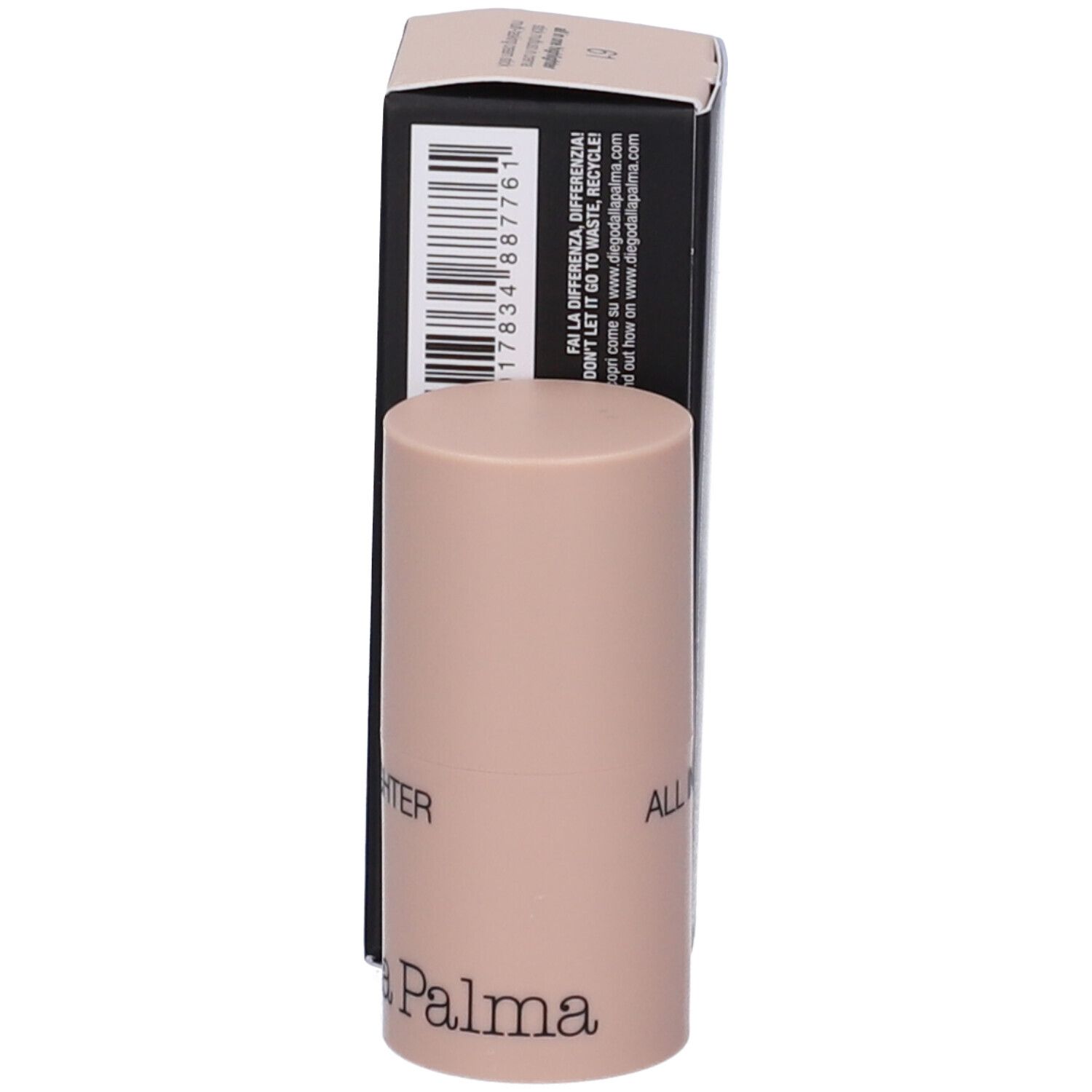 Stick illuminante e confezione. Sulla confezione: Diego dalla Palma Milano, ALL IN ONE. Sullo stick: HIGHLIGHTER, ALL IN ONE.