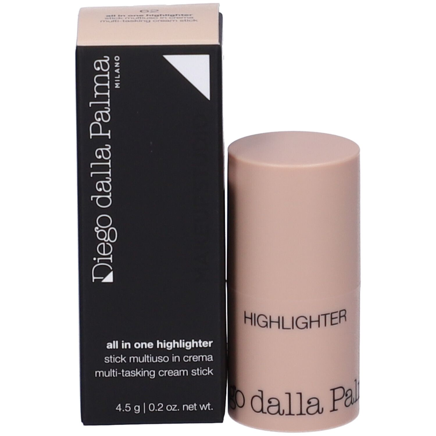 Stick illuminante e confezione. Scritta: Diego dalla Palma, HIGHLIGHTER, 4.5 g.