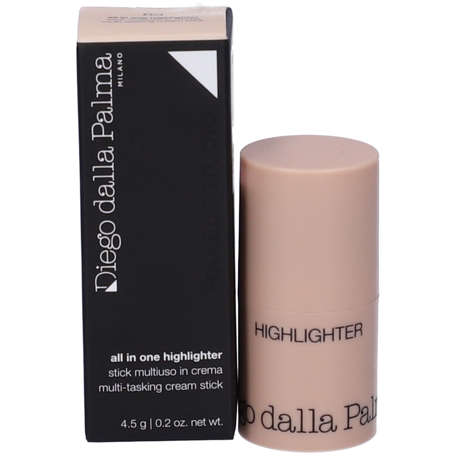 Stick illuminante beige e confezione nera. Scritta: Diego dalla Palma, HIGHLIGHTER, ALL IN ONE.