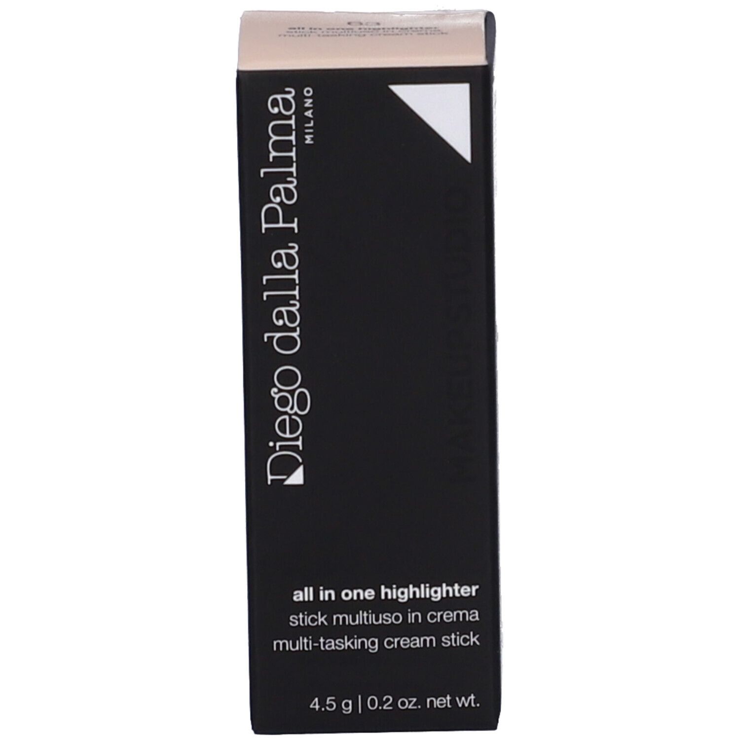 Confezione nera con scritta bianca. Scritta: Diego dalla Palma, ALL IN ONE highlighter, 4.5 g | 0.2 oz net. wt.