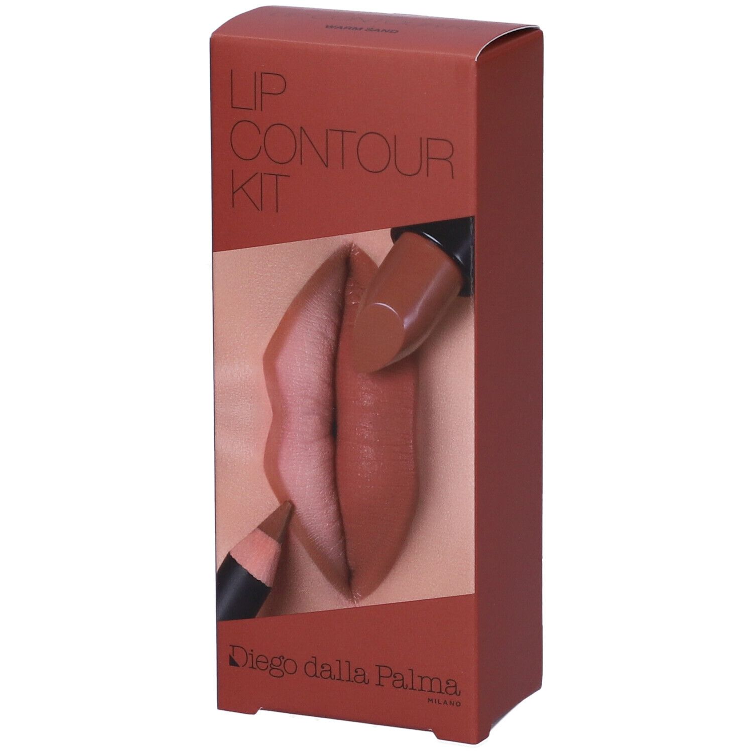 Kit contour labbra. Confezione marrone con illustrazione labbra. Scritta: LIP CONTOUR KIT. Marchio: Diego dalla Palma.