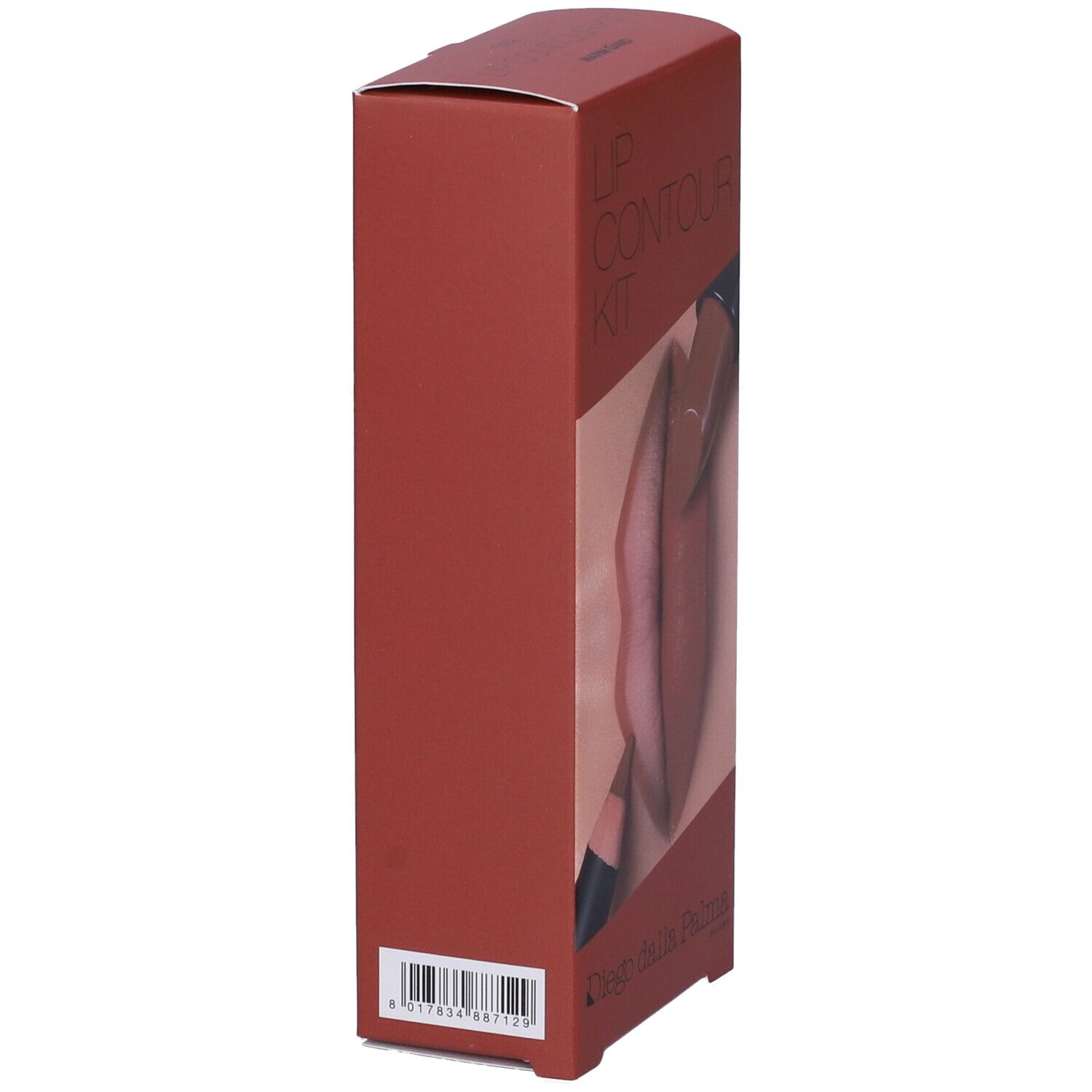 Confezione marrone, vista laterale. Scritta: LIP CONTOUR KIT. Marchio: Diego dalla Palma. Codice a barre e nome prodotto.