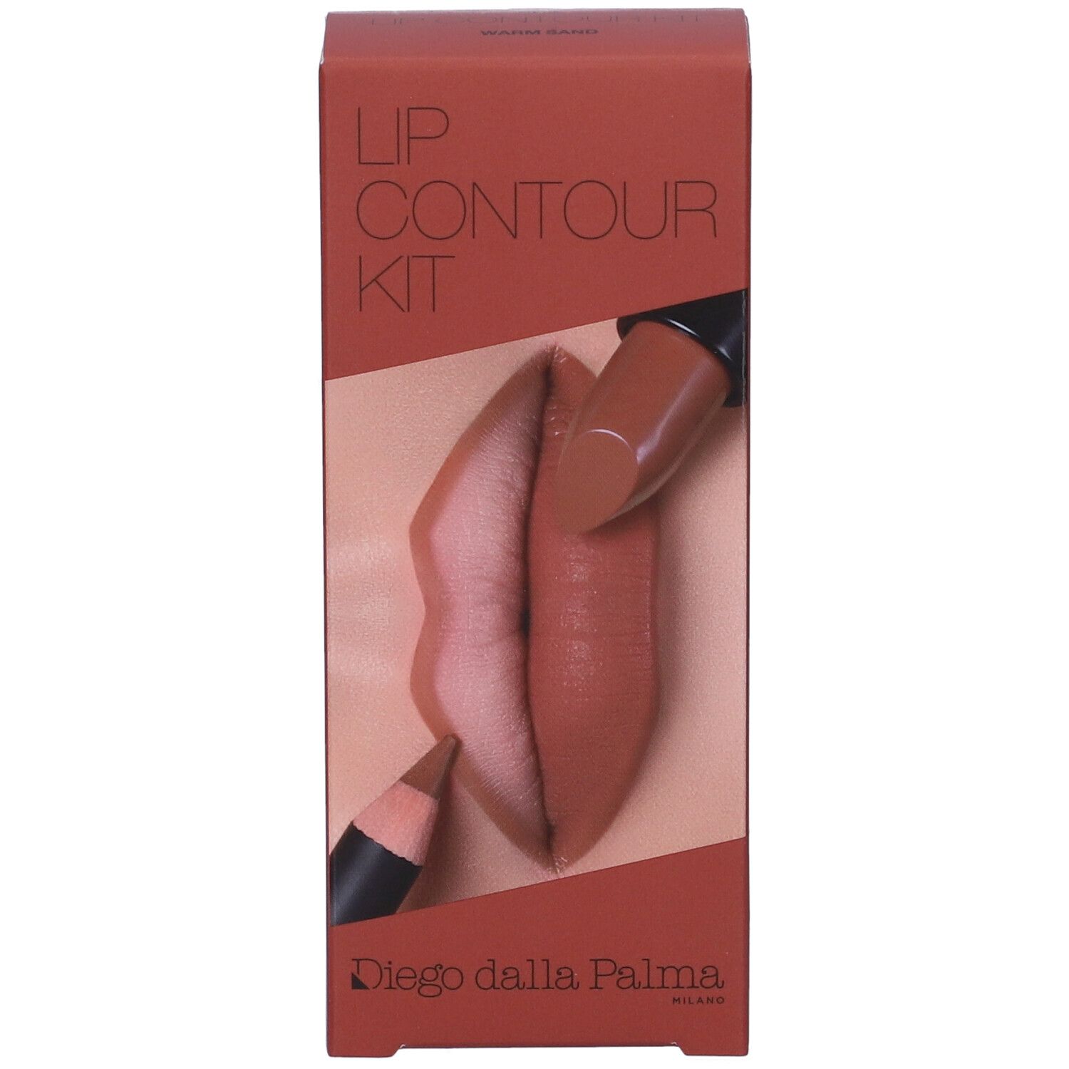 Kit contour labbra. Confezione marrone con illustrazione labbra. Scritta: LIP CONTOUR KIT. Marchio: Diego dalla Palma.