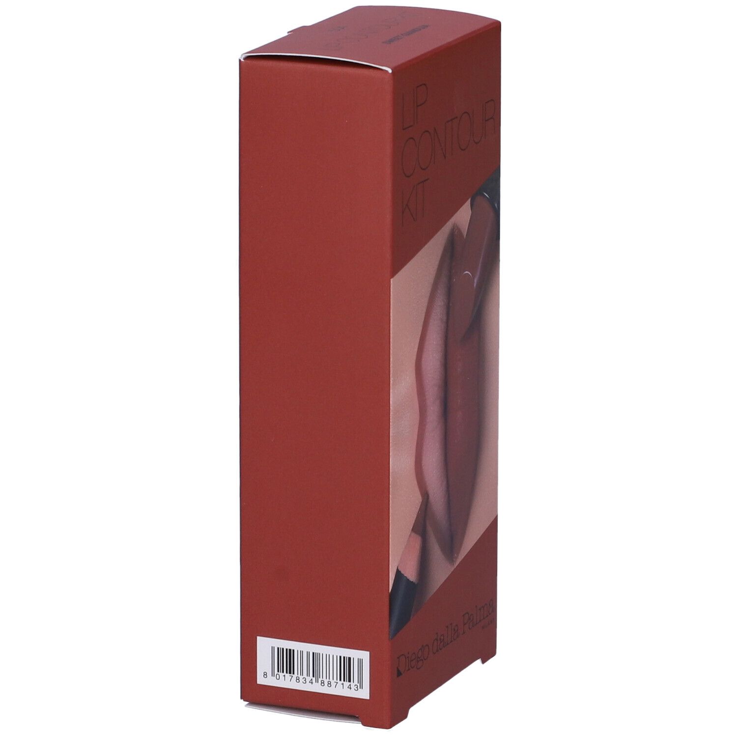 Confezione marrone, vista laterale. Immagine del kit contour labbra. Scritta: Diego dalla Palma. Codice a barre.