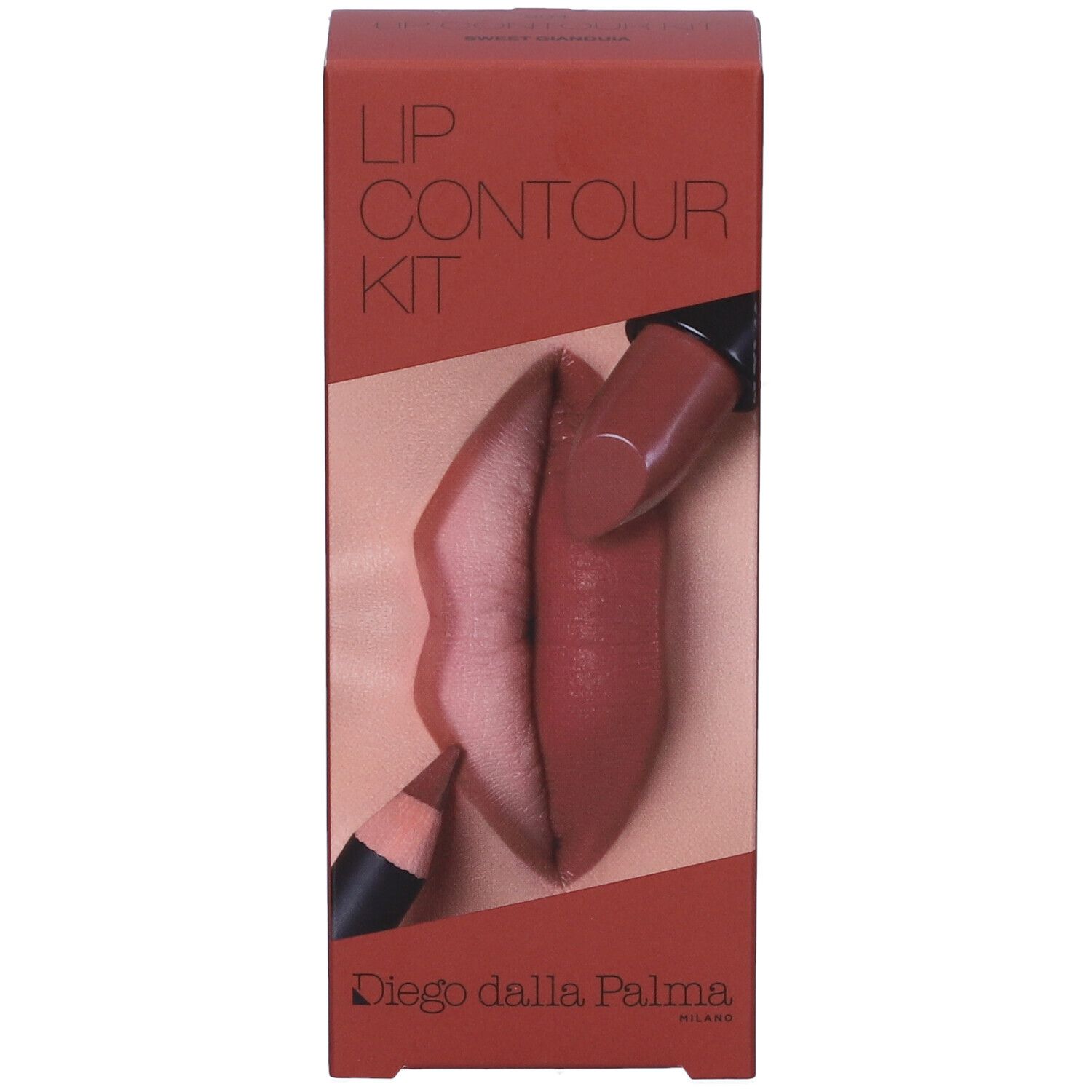 Confezione marrone con immagine del kit contour labbra. Scritta: Diego dalla Palma. Contiene rossetto e matita labbra.