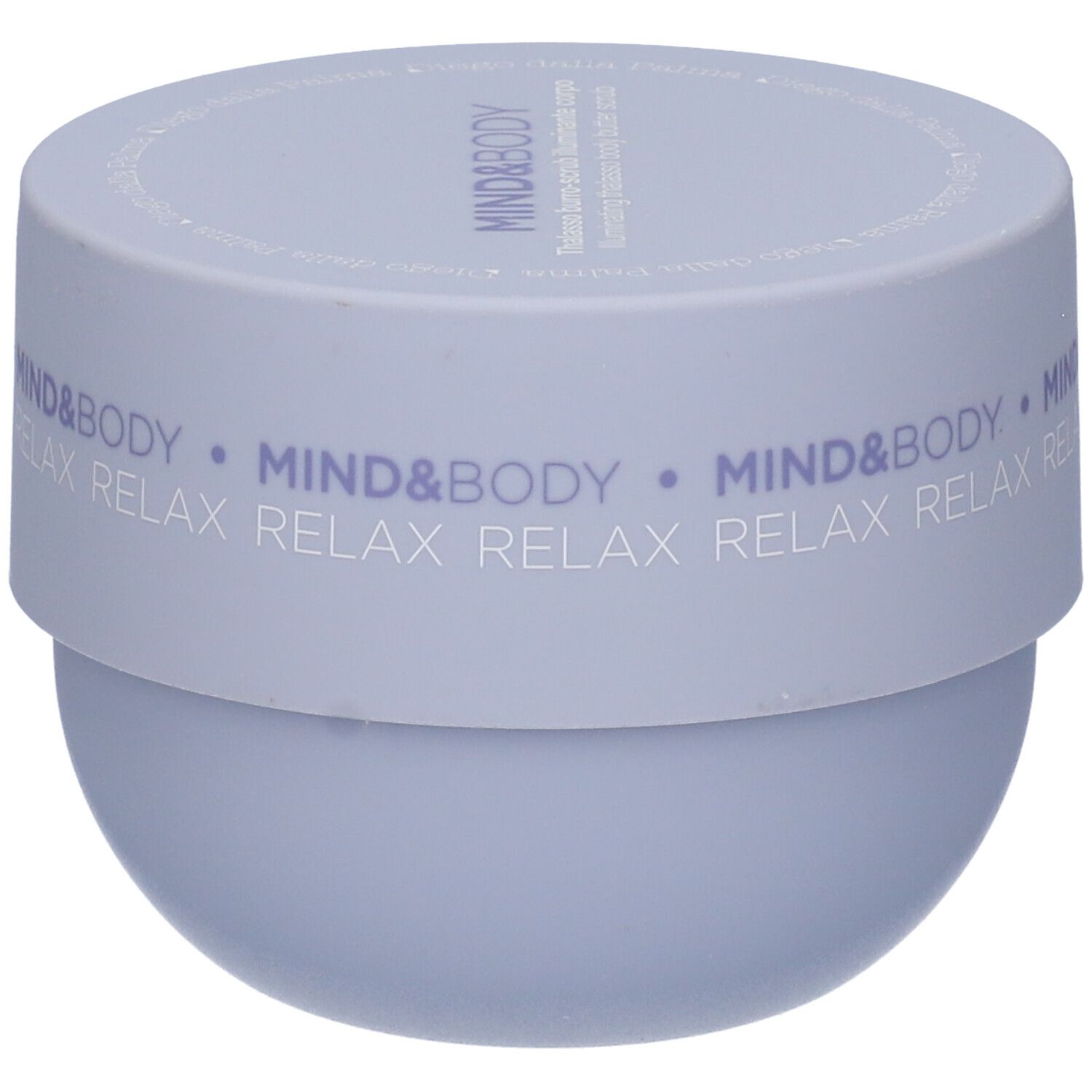 Vasetto blu chiaro con coperchio. MIND&BODY e RELAX sono scritti sul coperchio. Nome del prodotto illeggibile.