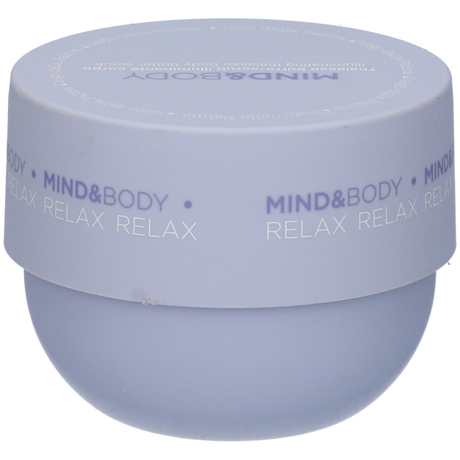 Vasetto blu chiaro con coperchio. MIND&BODY e RELAX sono scritti sul coperchio. Nome del prodotto illeggibile.