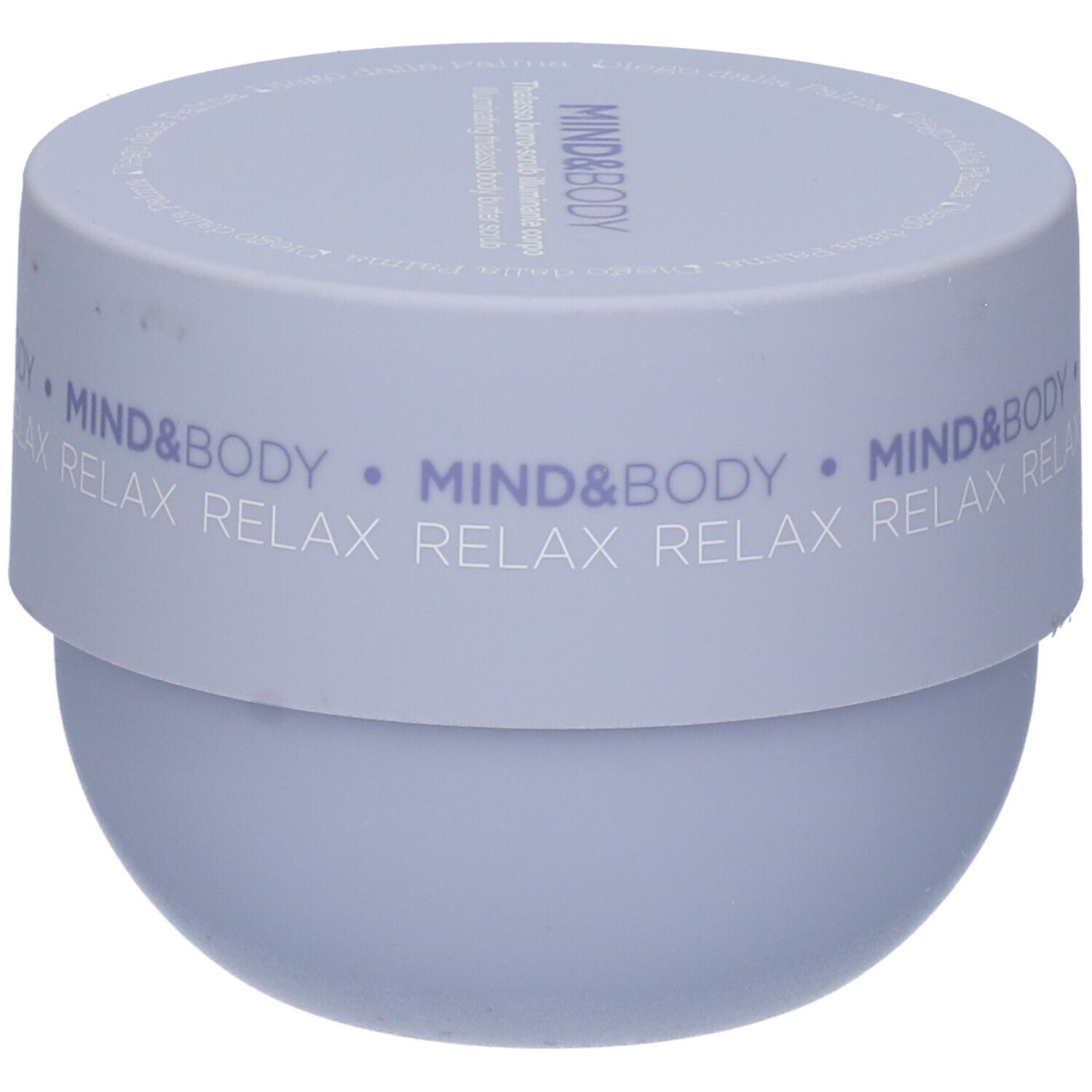 Vasetto blu chiaro con coperchio. MIND&BODY e RELAX sono scritti sul coperchio. Nome del prodotto illeggibile.
