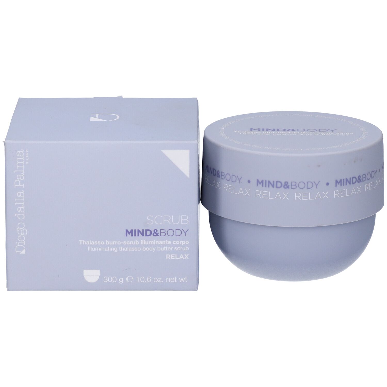 Barattolo e scatola blu. Sulla scatola: Diego dalla Palma, SCRUB MIND&BODY, 300 g.