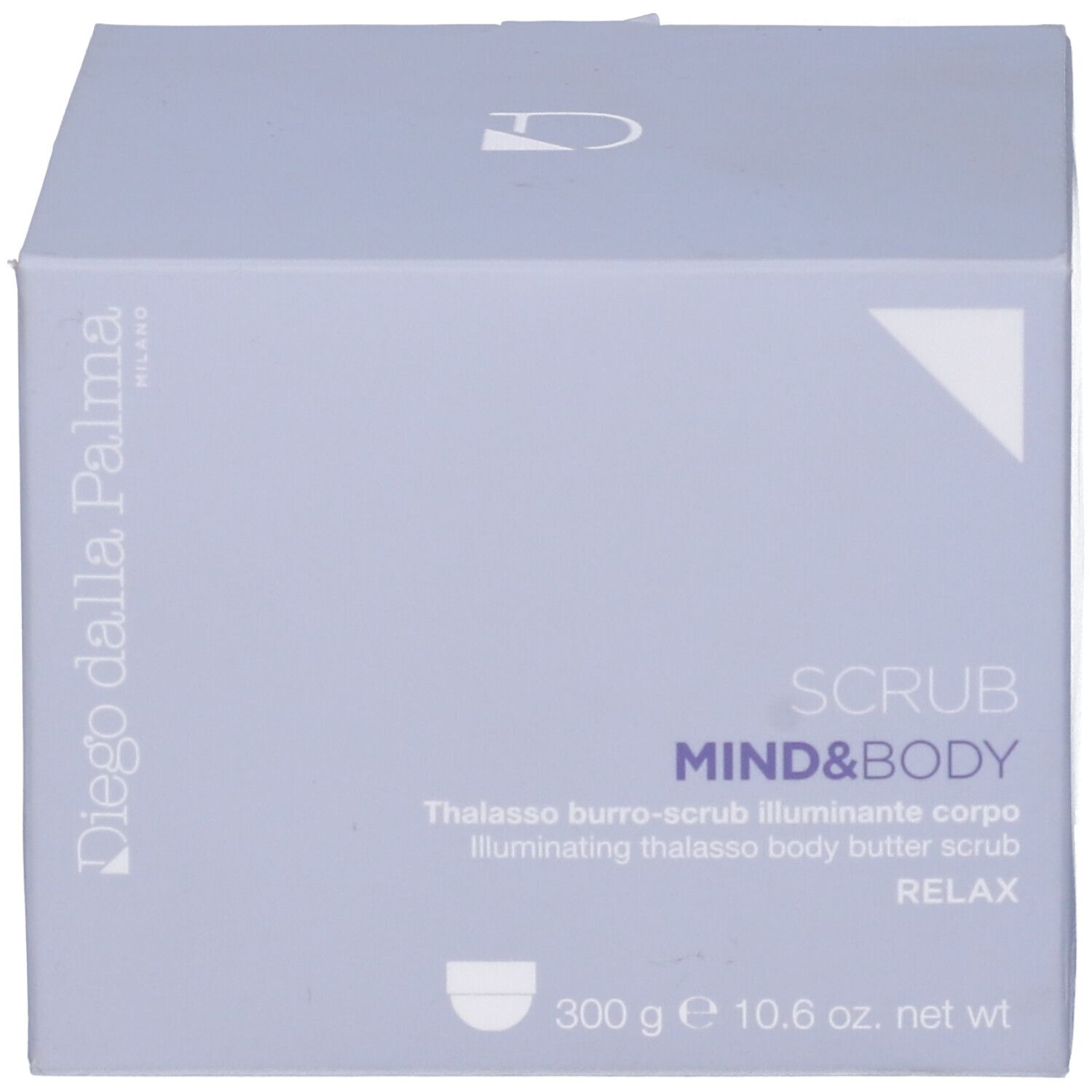 Scatola blu chiaro. Sulla scatola: Diego dalla Palma, SCRUB MIND&BODY, 300 g.
